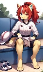 1girls 2025 accidental_exposure ai_generated anthro baseball_cap baseball_uniform blue_eyes canine confused digitigrad female female_only fox furry heterochromia hi_res inner_ear_fluff innie_pussy long_hair looking_at_viewer oblivious outdoors plump_labia ponytail pussy red_eyes red_hair shorts sitting wardrobe_malfunction white_fur yellow_fur