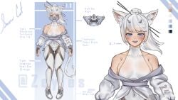 1girl blue_eyes cat_ears cat_tail catgirl female_only horns large_breasts leggings leotard original_character reference reference_image reference_sheet see-through_clothing shiny_skin sideboob vtuber white_background white_girl white_hair white_legwear white_shirt zeyles