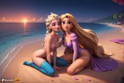 2girls ai_generated artist_name beach blonde_hair blue_thighhighs braid breasts choker cleavage closed_eyes clothed_female_nude_female crossover disney disney_princess dress elsa_(frozen) eyeshadow frozen frozen_(film) frozen_2 green_eyes hand_on_another's_shoulder hi_res kneeling long_hair long_sleeves looking_at_viewer makeup medium_breasts multiple_girls nipples no_panties nude ocean outdoors purple_dress rapunzel rapunzel_(tangled) rule34lab sand seashell shell siblings single_braid sisters sitting sky smile sun sunset tangled thighhighs tree umbrella very_long_hair water yuri