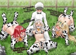 1boy 2d 2d_(artwork) 3girls all_fours armbinder ball_gag bell_collar bikini bikini_bottom bikini_top bitchsuit blush bondage bound bound_arms bound_legs canon_couple canon_polyamory chaosblastx cleavage collar collar_bell cow_bell cow_girl cow_print cow_print_bikini cowgirl cowgirl_outfit dominant_male domination english_text female femsub gag gagged grass_field hucow human human_only humiliated humiliating humiliation jealous legbinder light-skinned_female light_skin male male_domination maledom multiple_girls mythra nia nintendo on_back outdoors petplay png pyra revealing_clothes rex_(xenoblade) skimpy_clothes text xenoblade_(series) xenoblade_chronicles_2