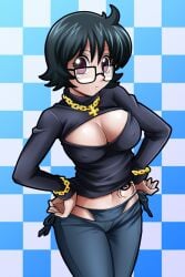 1girl big_breasts bikini_jeans black_hair boob_window bracelet breasts built-in_thong chain chain_bracelet chain_bracelets chain_necklace chains checkered_background cleavage cleavage_cutout clothing_cutout commentary_request covered_erect_nipples covered_nipples crop_top cross cross_necklace denim female female_focus glasses gold_chain groin hands_on_own_hips highres hoimin hoimin_(anchangdeath) hunter_x_hunter inverted_cross jeans jewelry large_breasts looking_at_viewer lowleg lowleg_pants midriff navel necklace open-chest_sweater pants phantom_troupe purple_eyes shizuku_murasaki short_hair solo spider_tattoo sweater tattoo turtleneck