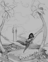 1girls 2024 barefoot big_breasts breasts clothed clothed_female cloudy_sky crop_top dark-skinned_female denim_shorts disney extinctyellow female female_only heart_symbol lilo_and_stitch long_hair monochrome nani_pelekai nipple_bulge open_legs palm_tree sea solo solo_female unfinished watermark