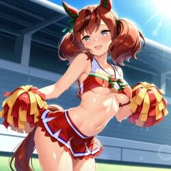 ai_generated animal_ears cheerleader_uniform female highlights_hairs horse_girl nice_nature_(umamusume) reddish_hair smiling sweat twintails umamusume umamusume_pretty_derby