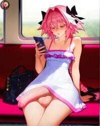 1boy ai_generated astolfo_(fate) balls bare_arms bare_legs bare_shoulders bare_thighs big_penis blush color fate_(series) femboy hi_res light-skinned_male light_skin male male_only pink_hair ramwam short_hair thick_thighs
