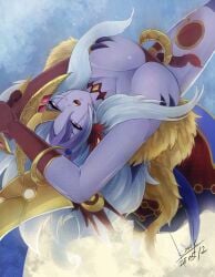 beautiful duel_monster facial_markings female female fluffy_hair fully_clothed k.nock kemonomimi large_breasts lunalight lunalight_leo_dancer mask moon purple_body red_eyes squished_breasts two_tone_hair unusual_tail yu-gi-oh!