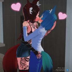 2girls 3d 3d_(artwork) animal_ears ass ass_grab big_breasts blue_ears blue_hair blue_tail blush bra breasts choker flyingcookie fox_ears fox_girl fox_tail happy heart heart kissing koikatsu long_fingernails original original_character pants red_ears red_hair red_tail shirt shorts spiked_choker stockings tattoo tattooed_arm tattoos watermark wholesome yuri