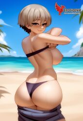 1girls 2d ai_generated ass back barefoot beach big_ass big_breasts bikini bikini_top blue_bikini blue_eyes cleavage day erophoenix feet gray_hair looking_at_viewer looking_back nipples outdoors pale_skinned_female patreon_username short_hair sitting skin_fang sky smile soles solo swimsuit two-tone_hair uncensored undressing uzaki-chan_wa_asobitai! uzaki_hana white_hair