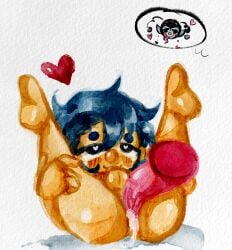 1boy age_difference anal animal_genitalia animal_penis balls bedroom_eyes big_penis black_eyes blue_hair blush blush_lines cum cum_in_ass cum_inside digital_media_(artwork) don't_hug_me_i'm_scared gay gay_sex heart heart-shaped_pupils interspecies legs_spread legs_up lifting_leg looking_at_another looking_pleasured male/male male_only male_penetrated puppet shrignold_(dhmis) simple_background size_difference watercolor_(artwork) yellow_body yellow_guy_(dhmis)