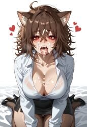 after_oral ai_generated black_skirt blush brown_hair cat_ears catgirl cleavage cum cum_in_mouth cum_on_breasts cum_on_face cum_on_tongue heart hexd horny_female kneeling large_breasts messy_hair office_lady original_character red_eyes tongue_out white_shirt