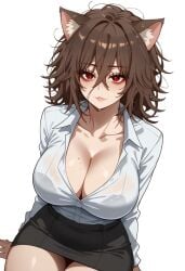 :3 ai_generated black_skirt brown_hair cat_ears catgirl cleavage hexd large_breasts messy_hair office_lady original_character red_eyes showing_off_breasts thick_thighs thighs wet_shirt white_shirt