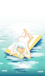 1boy :3 blue_eyes eyebrows_visible_through_hair laying_down long_hair looking_pleasured male mattress naked naked_male panties seaside seaweed simple_background swimming underwear water white_hair yaoi