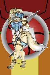 alien angry anthro blonde_hair bondage bondage bound canid canine clothing corsac_fox duct_tape face_veil female fox fox_samus_aran fur gag gagged hair harem harem_jewelry harem_outfit hi_res jewelry lovemummification mammal metroid metroid_(species) muscular muscular_female nintendo ponytail rope samus_aran solo tape tape_gag translucent translucent_clothing true_fox