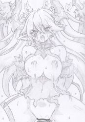 1boy1girl ahe_gao bansyo31 breasts_out cum_in_pussy demon_tail duel_monster ear_piercing elf_ears horns lacrima_the_scarlet_sorrow large_breasts long_hair monochrome mostly_clothed movement_lines steamy_breath thick_thighs torn_clothing vaginal_penetration yu-gi-oh!