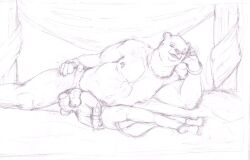 anthro arms_tied ass bear black_and_white bound bracelet duo erection genital_piercing genitals hand_on_hip humanoid_genitalia humanoid_penis jeri_kleinlowe jewelry looking_at_viewer lying male male/male mammal monochrome mouse mouse_tail murid murine necklace nipple_piercing nipples nude on_side penis penis_on_face penis_piercing piercing rodent smile