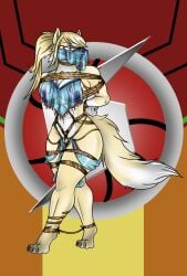alien angry anthro blonde_hair bondage bondage bound canid canine clothing corsac_fox face_veil female fox fox_samus_aran fur gag gagged hair harem harem_jewelry harem_outfit hi_res jewelry leather lovemummification mammal metroid metroid_(species) muscular muscular_female nintendo ponytail rope samus_aran solo translucent translucent_clothing true_fox