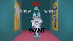 16:9 3d_(artwork) 4k 5_fingers absurd_res anthro areola ass big_breasts big_butt biped blue_hair breasts clothed clothing collar curvy_figure deltarune detailed_background digital_media_(artwork) english_text eyelashes female fingers footwear front_view gloves hair handwear hi_res inside looking_at_viewer narrowed_eyes nipples partially_clothed pose purple_body raised_tail seductive shoes short_hair smile smiling_at_viewer solo standing tail tan_body tasque_manager text thick_thighs undertale_(series) widescreen yellow_eyes