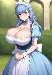 1girls ai_generated apron breasts breasts_bigger_than_head bush buttoned_cuffs choker cleavage corset cross-laced_clothes dress female fire_emblem fire_emblem:_three_houses frilled_apron frilled_choker frilled_skirt frills garden hairband happy hedge huge_breasts long_skirt maid maid_headdress maid_may marianne_von_edmund massive_breasts may_(month) novelai outdoors pillar short_sleeves smile solo tgm101_(artist) thin_waist waist_apron wide_hips