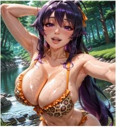 1girls 2025 ai ai_assisted ai_generated akeno_himejima alternate_hair_color big_breasts bikini breasts busty cleavage close-up cute deviantart female female_only forest forest_background high_school_dxd kawaii large_breasts leopard leopard_print_bikini looking_at_viewer ponytail purple_eyes purple_hair smile solo solo_female solo_focus wet wet_body wet_skin yametastudio