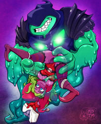 anal_fingering awesomenauts blue_eyes breasts coco_nebulon freckles gloves green_hair long_hair monster my_pet_tentacle_monster nipples penis purple_skin thighhighs