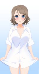 1girls blue_eyes blush breasts brown_hair cleavage dress_shirt female gradient_background grey_hair large_breasts looking_at_viewer love_live! love_live!_sunshine!! open_mouth short_hair solo standing t-shirt watanabe_you