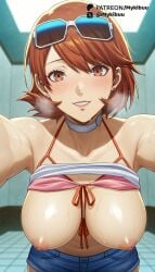 ai_generated armpits atlus bare_shoulders bikini bikini_top_lift bikini_top_only blue_shorts blush breasts breasts_out breath brown_eyes brown_hair choker clothes_lift collarbone denim denim_shorts ear_piercing earrings eyewear_on_head female front-tie_bikini_top front-tie_top grin heavy_breathing indoors jewelry large_breasts leaning_forward lips looking_at_viewer mykibuu navel nipples parted_lips persona persona_3 persona_3_reload piercing pink_bikini pov shirt shirt_lift short_hair short_shorts shorts smile solo stud_earrings sunglasses sweat swept_bangs swimsuit tiles white-framed_eyewear white_choker yukari_takeba yukari_takeba