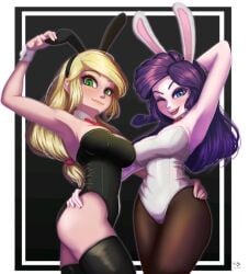 2girls applejack_(eg) black_and_white black_background black_clothing black_legwear black_leotard blonde_hair blue_eyes blush bunny_ears bunny_girl bunnysuit deviantart_link duo equestria_girls fake_animal_ears fanart female female_only green_eyes hairband hand_on_thigh hasbro human legwear leotard light-skinned_female looking_at_viewer my_little_pony necktie no_ai one_eye_closed pale-skinned_female pantyhose purple_hair rarijack rarity_(eg) strapless strapless_leotard the-park thighhighs white_clothing white_leotard