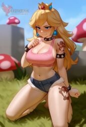 1girls 2d ai_generated ass back bare_shoulders big_ass big_breasts blonde_hair blue_eyes collar corrupted corruption crown day denim_shorts erophoenix evil_grin evil_smile female female_focus full_body fur_lined_shorts jewelry long_hair looking_at_viewer mario_(series) nintendo outdoors pale_skin pale_skinned_female patreon_username princess_peach shorts sitting sky smile solo sports_bra super_mario_bros. super_smash_bros. thick thick_thighs uncensored