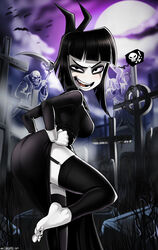 ass barefoot barefoot_on_grass black_hair cemetery clothed creepy_susie dress feet female goth graveyard night non_nude pale_skin shadman short_hair smile standing the_oblongs thighhighs