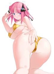 all_fours ass ass_focus bikini blue_eyes blush breasts butterfly_hair_ornament closed_mouth feet_out_of_frame female go-toubun_no_hanayome gold_bikini hair_ornament hand_on_own_ass hand_up highres huge_ass kosmos_beta large_breasts looking_at_viewer looking_back medium_hair nail_polish nakano_nino pink_hair pink_nails simple_background solo swimsuit thighs two_side_up v white_background wide_hips
