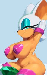 2025 absurd_res anthro armwear bat big_breasts black_nose breasts clothing cranihum digital_media_(artwork) eyelashes eyeshadow female heart_pasties hi_res legwear looking_at_viewer makeup mammal pasties rouge_the_bat sega shortstack simple_background smile solo sonic_(series) sonic_the_hedgehog_(series)