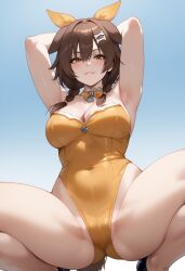 :3 ai_generated armpits arms_above_head big_thighs braids brown_hair bunny_suit dog_ears dog_girl dog_tail hexd hololive hololive_gamers hololive_japan inugami_korone legs_apart medium_breasts squatting thick_thighs thighs twin_braids wide_hips