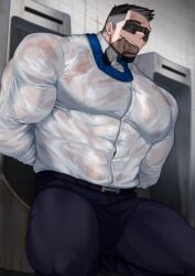 1boy abs absol_(dkqthf) arms_behind_back bandaid bandaid_on_face bara beefy biceps big_breasts big_bulge black_hair blurry_background breast_bigger_than_head broad_shoulders bruise bruised_face bulge bulge_through_clothing business_suit covered_eyes daddy dilf eyes_covered gay hi_res huge_breasts hunk indoors kneeling light_skin male male_breasts male_only manly maou_abusorun masochism mature_male muscles muscular muscular_arms muscular_legs muscular_male muscular_thighs necktie oppai original original_character pale_skin pecs public_toilet quadriceps shaved_side short_hair six_pack sock_in_mouth socks solo spiky_hair spread_legs suit sweat sweatdrop tape taped_eyes thick thick_arms thick_neck tight_clothing tile_wall toilet tough_guy translucent_clothing triceps urinal wet_clothes white_shirt yaoi