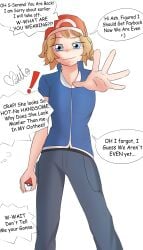 1boy 1girls alternate_costume alternate_hairstyle autonomous blue_eyes brown_hair canon_crossdressing clothes_swap clothing comic comic_panel cosplay costume_swap costume_switch crossdressing crossplay dialogue dialogue_bubble dominant_female female femdom male pokemon pokemon_xy reverse_trap role_reversal satoshi_(pokemon) serena_(pokemon) speech_bubble tomboy