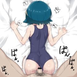 ass back bare_shoulders blue_hair blue_one-piece_swimsuit breasts butt_crack clothing_aside commentary_request cum cum_in_pussy face_down female hiaburi_tokage highres lana_(pokemon) lying male male_pubic_hair on_stomach one-piece_swimsuit penis pillow pillow_grab pokemon pokemon_sm prone_bone pubic_hair pussy school_swimsuit sex sheet_grab short_hair small_breasts solo_focus straight swimsuit swimsuit_aside translation_request vaginal_penetration