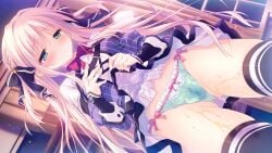 ass_visible_through_thighs black_bow black_thighhighs blonde_hair blue_panties blush bow bowtie braid breasts closed_mouth clothes_lift dark dress dress_lift dutch_angle embarrassed female frilled_shirt_collar frills frown game_cg green_eyes hairbow hand_on_own_chest highres indoors lifting_own_clothes long_hair otome_domain panties peeing peeing_self photoshop_(medium) red_bow red_bowtie saionji_kazari school_uniform small_breasts solo tatekawa_mako thighhighs underwear urine wet wet_clothes wet_panties window