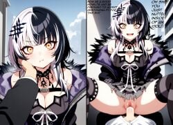 1boy 1girls ai_generated blk9201 breasts clothed_sex cowgirl_position cum cum_in_pussy cum_inside english_text exposed_penis exposed_pussy facing_viewer female fully_clothed hand_on_cheek hololive hololive_english hololive_english_-advent- instant_loss_2koma looking_at_viewer male multicolored_hair no_panties outdoor_sex outdoors penis pout pov pussy sex shiori_novella skirt smile vaginal_penetration vaginal_sex virtual_youtuber