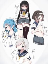 4girls armpit_sex black_hair black_legwear blue_eyes blue_hair blush breasts censored cum cum_on_body elbow_gloves gloves hamakaze_(kantai_collection) highres isokaze_(kantai_collection) kantai_collection long_hair mitsudoue multiple_girls outercourse penis school_uniform serafuku shirt_lift short_hair single_thighhigh skirt tanikaze_(kantai_collection) thigh_sex thighhighs urakaze_(kantai_collection)