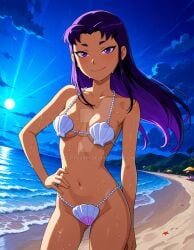 2025 ai_generated beach belly blackfire cartoon_network clouds deviantart elryusam hair_swirl meta moon moonlight night night_sky not_porn orange_body orange_cheeks orange_skin purple_eyebrows purple_eyes purple_hair shell_bikini teen_titans tummy wet_bikini wet_body wet_skin