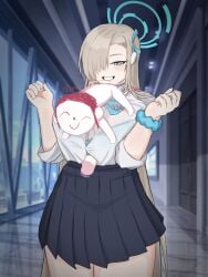 asuna_(blue_archive) blue_archive blue_eyes bra chibi confusedsabron doodle_sensei_(blue_archive) halo ichinose_asuna long_hair looking_at_viewer paizuri paizuri_under_clothes pressing_breasts_together school_uniform sensei_(blue_archive) small_but_hung transparent_clothing