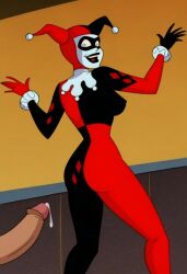 ai_generated batman:_the_animated_series batman_(series) dc dc_comics from_behind harley_quinn harley_quinn_(classic) looking_at_viewer looking_back penis precum rear_view solo standing warner_brothers