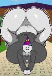 ass_up dumb genderswap_(mtf) huge_ass huge_breasts huge_butt huge_thighs party.exe_(roblox) party_hat roblox roblox_game roblox_horror_games robloxian silly smiling_at_viewer subject_0 subject_0_(roblox) white_body