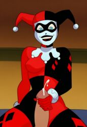 ai_generated batman:_the_animated_series batman_(series) cum dc dc_comics ejaculation from_below harley_quinn harley_quinn_(classic) looking_at_viewer looking_down penis rear_view warner_brothers
