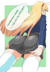 ass ass_focus ass_support big_ass blonde_hair blush chokkakudo closed_mouth grabbing_own_ass green_eyes hairband heanna_sumire long_hair long_sleeves looking_down love_live! love_live!_superstar!! school_uniform skirt thighhighs thighs white_thighhighs zettai_ryouiki