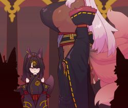 breasts character_request clothing_cutout dark_skin female female_only japanese_clothes kemonomimi kitsune kneeling light_skin sideboob temple thetenk thighs