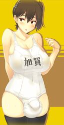 1futa balls_in_panties big_balls_small_penis blush breasts brown_hair bulge covered_navel elzikyuchi flaccid futa_only futanari hair horny huge_balls huge_breasts huge_testicles intersex kaga_(kantai_collection) kantai_collection large_penis leggings one-piece_swimsuit penis penis_under_clothes photoshop short_hair side_ponytail small_penis solo solo_futa swimsuit testicles white_swimsuit yn_red