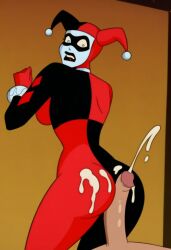 ai_generated batman:_the_animated_series batman_(series) buttjob cum dc dc_comics ejaculation from_behind harley_quinn harley_quinn_(classic) looking_at_viewer looking_back penis penis_on_ass rear_view surprised warner_brothers