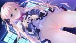 ass_visible_through_thighs black_bow blonde_hair blush bow bowtie braid breasts censored closed_mouth clothes_lift dark dress dress_lift dutch_angle embarrassed female frilled_shirt_collar frills frown game_cg green_eyes hairbow hand_on_own_chest highres indoors lifting_own_clothes long_hair mosaic_censoring no_panties otome_domain peeing peeing_self photoshop_(medium) red_bow red_bowtie saionji_kazari school_uniform small_breasts solo tatekawa_mako urine window