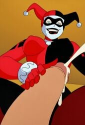 ai_generated batman:_the_animated_series batman_(series) cum dc dc_comics ejaculation from_below harley_quinn harley_quinn_(classic) looking_at_viewer looking_down penis rear_view warner_brothers