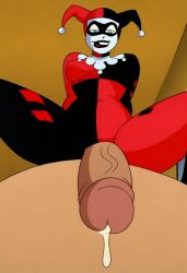 after_ejaculation ai_generated batman:_the_animated_series batman_(series) dc dc_comics from_below harley_quinn harley_quinn_(classic) leaking_cum looking_at_viewer looking_down penis rear_view warner_brothers