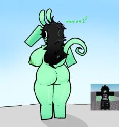 1girls areolae ass black_hair blocky_body breasts cadncr english_text female green_skin long_hair nipples nude reference_image roblox roblox_avatar robloxian sideboob standing tagme text thighs